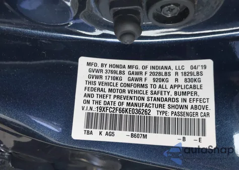 2019 Honda Civic Lx из США, поврежденный, VIN 19XFC2F66KE036262